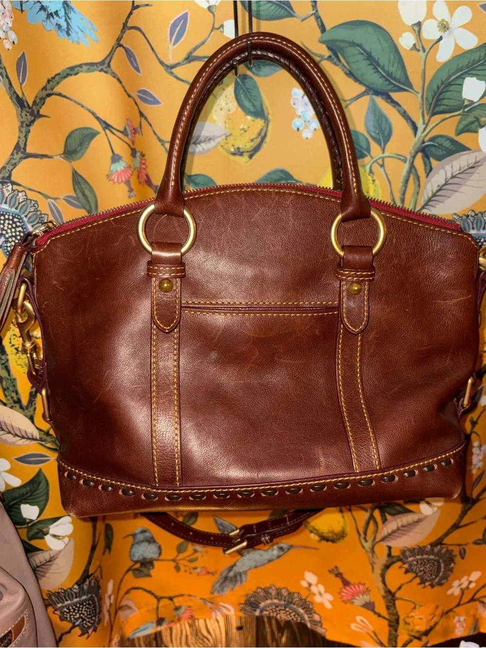 Dooney & Bourke Chestnut Brown Florentine Leather Whipstitch Satchel Bag